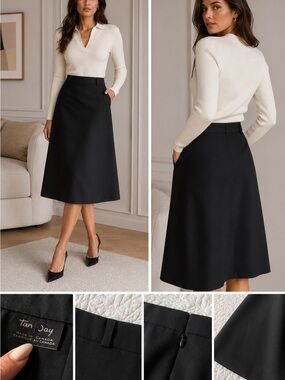 TanJay Black A-Line Midi Skirt with Clean Waist